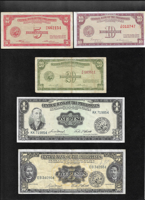 Rar! Set Filipine Philippines 5 + 10 + 20 centavos + 1 + 5 pesos 1949