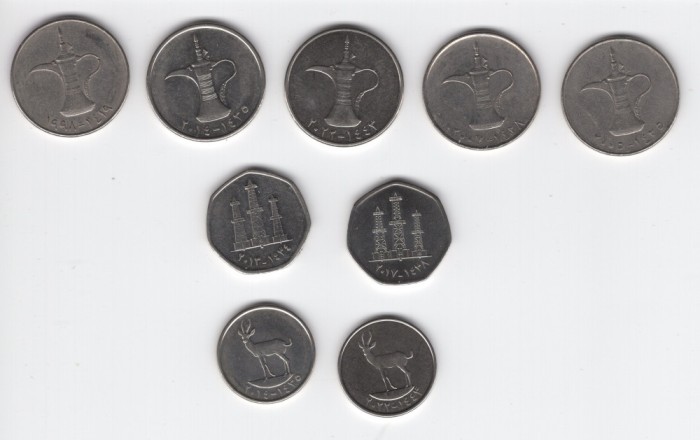 Emiratele Arabe Unite - set de 9 monede diferite 25 fils, 50 fils, 1 Dirham 1973-2022