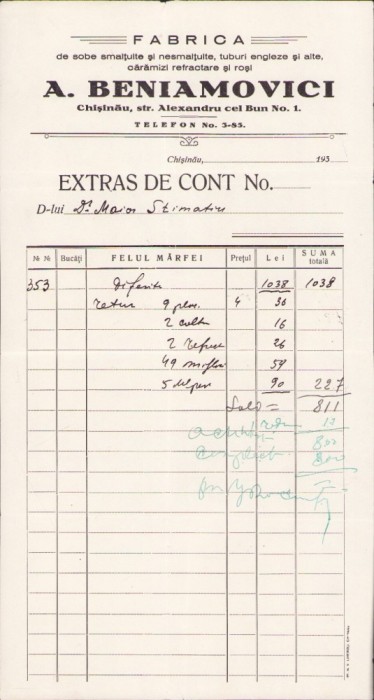 A2751N Fabrica de sobe smălțuițe și nesmălțuite, tuburi engleze și alte, cărămizi refractare și roșii A Beniaminovici, Chișinău, Basarabia