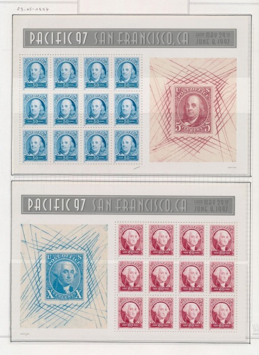SUA PACIFIC 1997-Blocuri ce contin 12+12 timbre 50c Franklin, 60c Washington