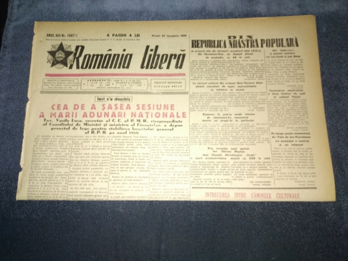 ZIARUL ROMANIA LIBERA 27 IANUARIE 1950 A SASEA SESIUNE A MARII ADUNARI NATIONALE