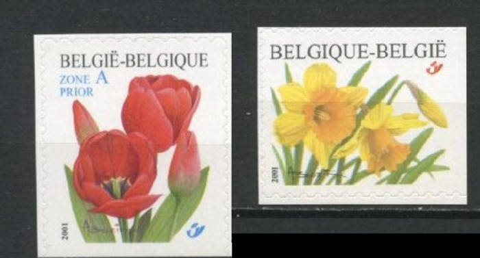 Belgia, flori, lalele, 2001, timbre adezive, MNH