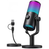 Microfon Profesional USB cu Suport, Cardioid, Reducere Zgomot, RGB, Mute, pentru Streaming, YouTube, TikTok, Gaming, Podcast, PC, PS4, PS5
