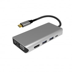 Adaptor multiport PNI MP10 USB-C la HDMI, VGA, 3 x USB 3.0, SD/TF, RJ45, audio 3.5, USB-C PD, 10 iesiri