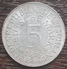 (A858) MONEDA DIN ARGINT GERMANIA - 5 MARK 1966, LIT D, 11,2 GRAME. PURITATE 625