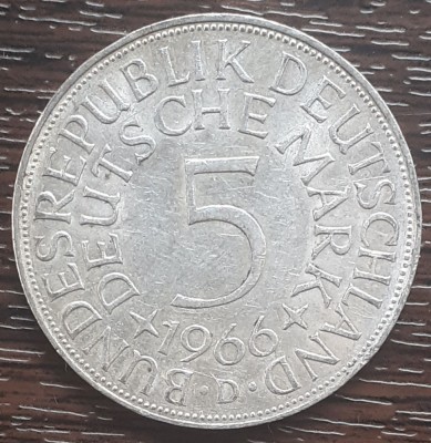 (A858) MONEDA DIN ARGINT GERMANIA - 5 MARK 1966, LIT D, 11,2 GRAME. PURITATE 625 foto