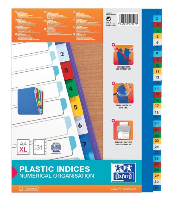 Index plastic Oxford A4 XL numerotat 1-31 120 microni color