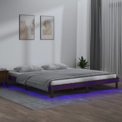 vidaXL Cadru de pat cu LED, maro miere, 140x190 cm, lemn masiv foto