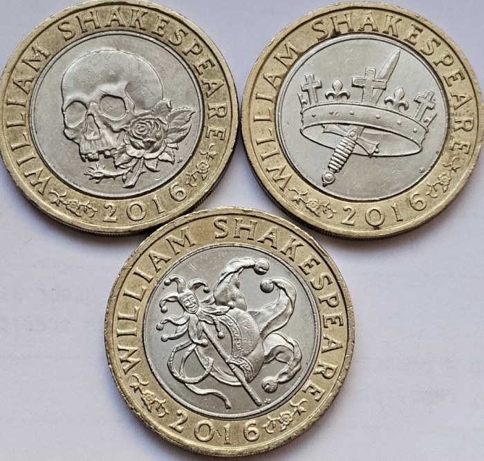Set 3 x 2 pounds 2016 Marea Britanie, Shakespeare Trilogy: Comedy, History, Tragedy, km#1383-1385