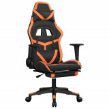 Scaun de gaming cu suport picioare, negru/oranj, piele eco