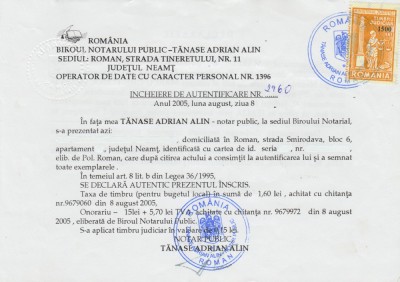 2005 Romania - Incheiere de autentificare cu timbru fiscal judiciar de inflatie 1500 Lei, in uz dupa denominare foto
