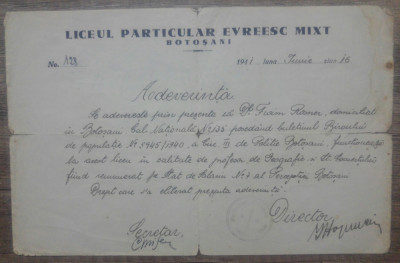 Adeverinta Liceul Particular Evreesc Mixt din Botosani, 1941 foto