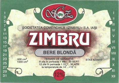 NI456 Etichetă bere blondă Zimbru, Societatea comercială Zimbru SA Iași, &amp;icirc;nceputul anilor 1990 foto