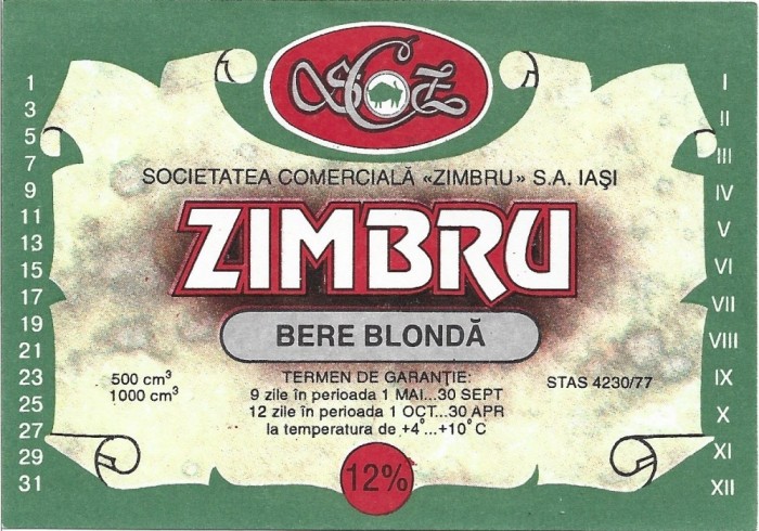 NI456 Etichetă bere blondă Zimbru, Societatea comercială Zimbru SA Iași, &icirc;nceputul anilor 1990