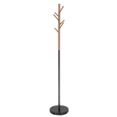 Cuier metalic design scandinav, 6 carlige, negru cu model lemn, baza metalica, 180 cm, Springos GartenVIP DiyLine foto