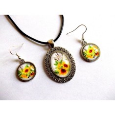 Set bijuterii floarea soarelui, set sticla colier cu pandantiv si cercei 39246