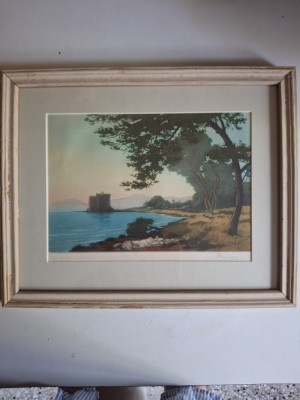&amp;quot;Peisaj&amp;quot;,gravura aquatinta color,cu paspartu,rama,sticla foto