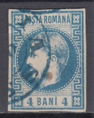 ROMANIA 1868 LP 23 REGELE CAROL I CU FAVORITI 4 BANI ALBASTRU STAMPILAT