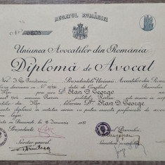 Diploma de avocat, Bucuresti 1937