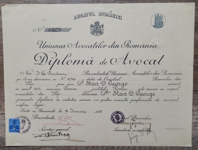 Diploma de avocat, Bucuresti 1937 foto