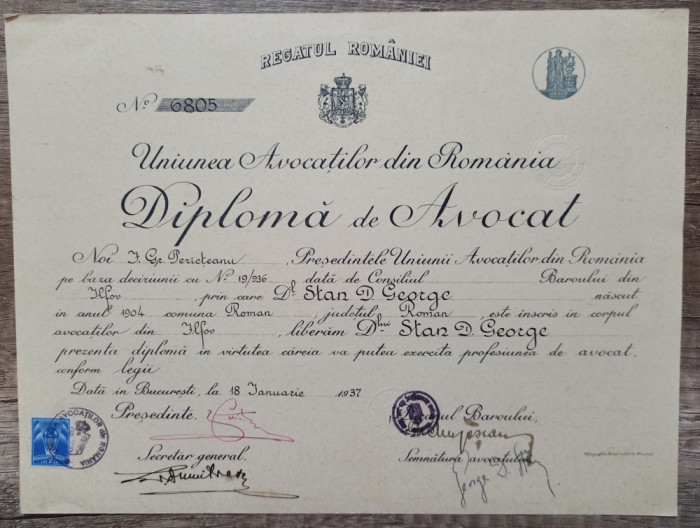 Diploma de avocat, Bucuresti 1937