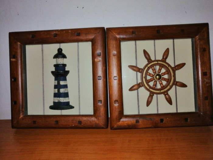Pereche tablou timona carma nava far maritim din lemn rama sticla
