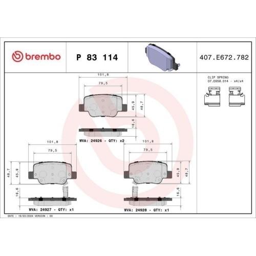 Placute frana Toyota Verso ( R2) 04.09-08.18, Verso Van ( R2) 04.09-08.18, Spate, BREMBO