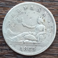 (A501) MONEDA DIN ARGINT SPANIA - 2 PESETAS 1869 SNM, 10 GRAME, PURITATE 835