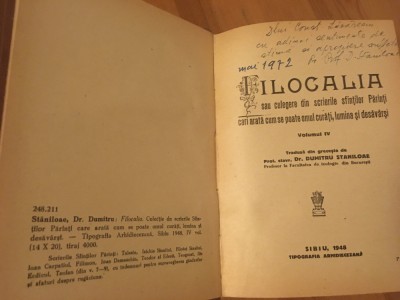 FILOCALIA IV/4- SIBIU 1948 CU DEDICATIA TRADUCATORULUI- PR. DUMITRU STANILOAE ! foto