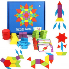 Joc educativ si creativ Tangram cu 155 piese multicolore si 24 carduri model