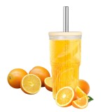 Pahar cu capac si paie Koken, Sticla/Bambus/Otel Inoxidabil, Rezistent la temperaturi inalte si joase, 500 ml, Transparent/Lemn