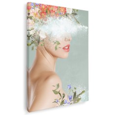 Tablou modern fantezie femeie cu flori pe cap, verde 1353 Tablou canvas pe panza CU RAMA 20x30 cm