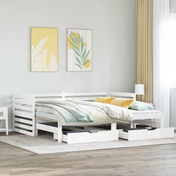 vidaXL Pat de zi cu sertare, alb, 90x200 cm, lemn masiv pin