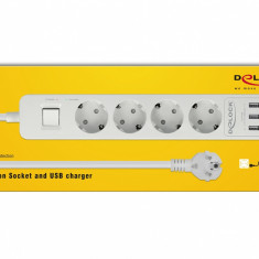 Prelungitor cu protectie 4 prize 16A si 3 x USB 5V/2.4A 1.5m Alb, Delock 11206