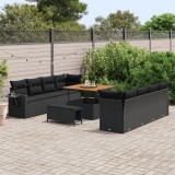 Gossi set canapea gradina 11 piese cu perne poliratan negru si acacia, Gossi set dining gradina 3 piese cu perne poliratan negru si acacia