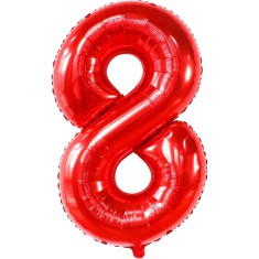 Balon din folie metalizata flippy, figurina cifra, tema aniversare 80 cm, ambalaj individual, pai inclus, umflare cu aer sau heliu, rosu, cifra 8