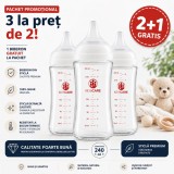 Pachet promo 3 Biberoane din sticla borosilicat 240 ml KidsCare cu tetina din silicon