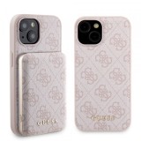 Husa MagSafe pentru Apple iPhone 15, Guess, Powerbank 4G Metal Logo, Roz