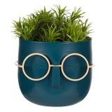 Ghiveci Decorativ Plastic, Model Față cu Ochelari, Albastru, Plantă Artificială, 11x11x14cm, Oem