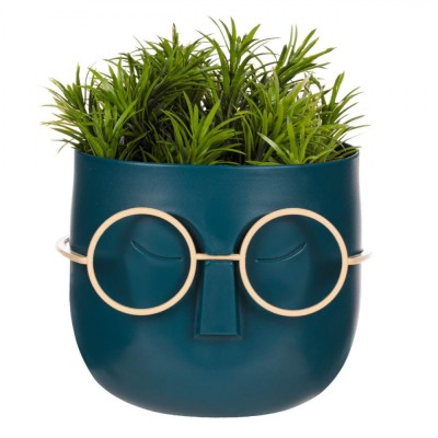 Ghiveci Decorativ Plastic, Model Față cu Ochelari, Albastru, Plantă Artificială, 11x11x14cm foto