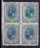 Cumpara ieftin ✅ RO 1918 LP 71b " Carol I - 'Moldova' ", 25B spic albastru in bloc de 4 , puncte pe clisee , ERORI ,MNH