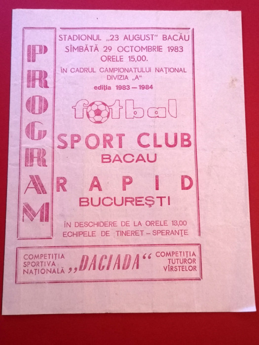 Program meci fotbal SC BACAU - RAPID BUCURESTI (29.10.1983)