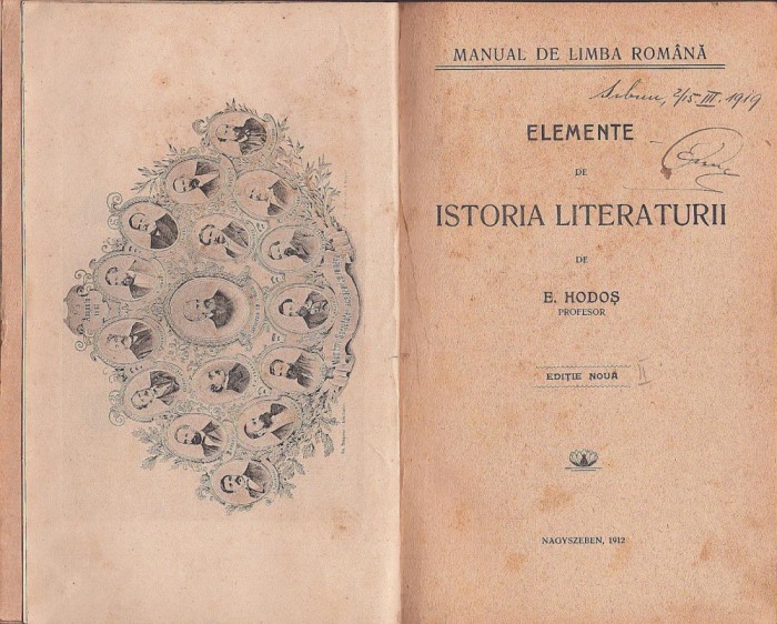 1141SPN Manual de limba rom&acirc;nă, Elemente de istoria literaturii de Enea Hodoș, 1912, Sibiu
