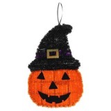 Dovleac decorativ de Halloween cu pălărie și beteală, 23x37 cm, CMCLASS