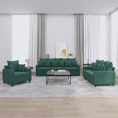 vidaXL Set de canapele cu perne, 3 piese, verde &amp;icirc;nchis, catifea 3201682 foto