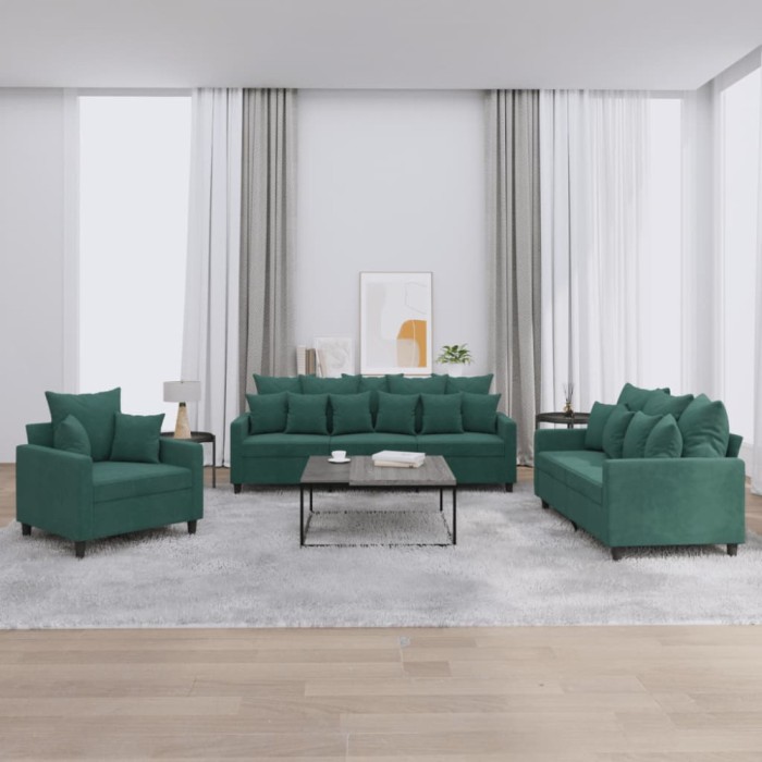 vidaXL Set de canapele cu perne, 3 piese, verde &icirc;nchis, catifea 3201682