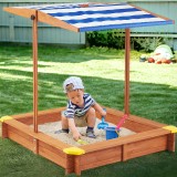 Lada de nisip pentru copii, acoperis parasolar ajustabil, rotativ la 180 grade, 120x120x20 cm, lemn