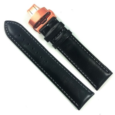 Curea ceas din piele neagra cu cusatura alba + Deployant auriu-roze 14mm 16mm 18mm 20mm 22mm 24mm foto