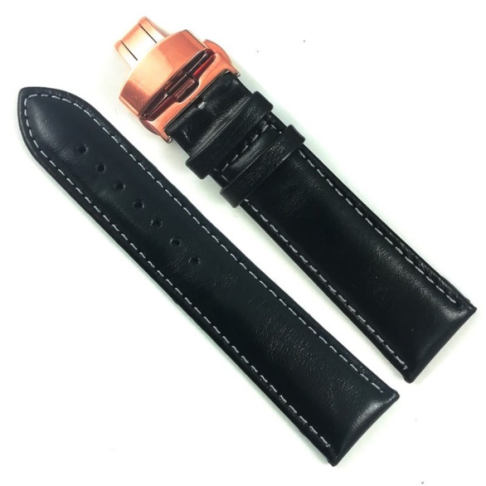 Curea ceas din piele neagra cu cusatura alba + Deployant auriu-roze 14mm 16mm 18mm 20mm 22mm 24mm