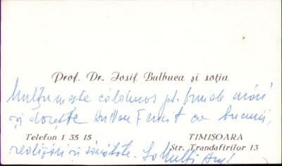 A2492N Carte de vizită profesor dr Iosif Bulbuca, Timișoara, cu notă manu propria foto